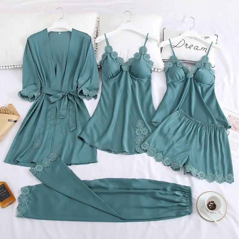 5-Piece Satin Embroidery Pajama Set with Chest Pads - Luxury Silk Sleepwear & Robe for Women