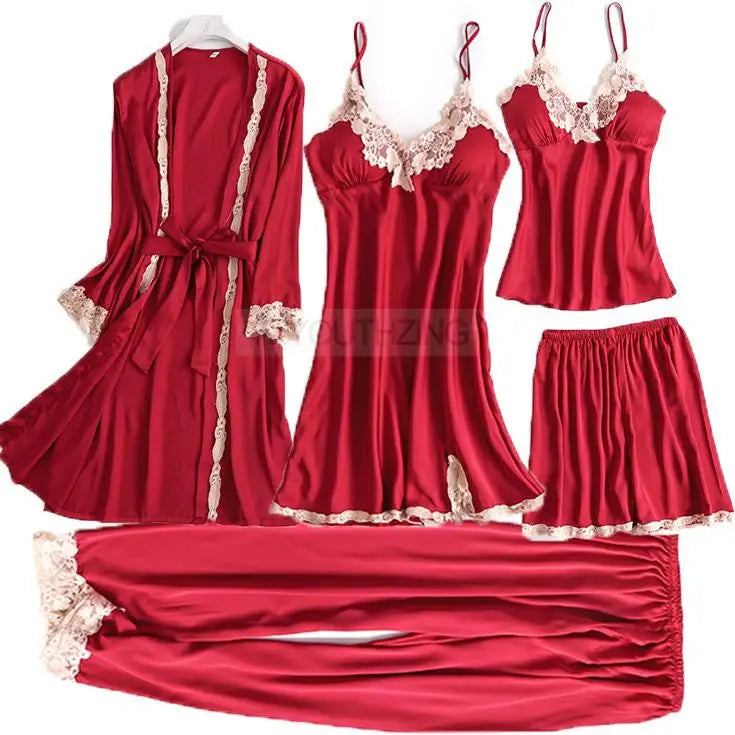 Lace Satin Suspender Pajama Set - Sexy Hollow Out Strap Top & Shorts Sleepwear
