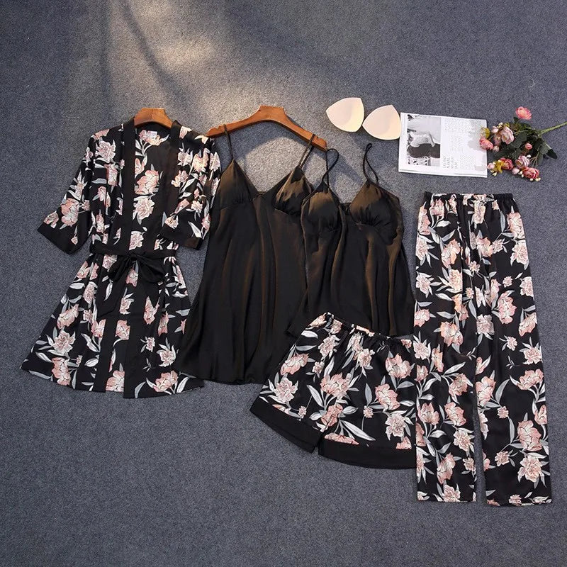 5-Piece Satin Print Pajama Set with Belt & Chest Pads - Luxury Lace Strap Nightwear for Women