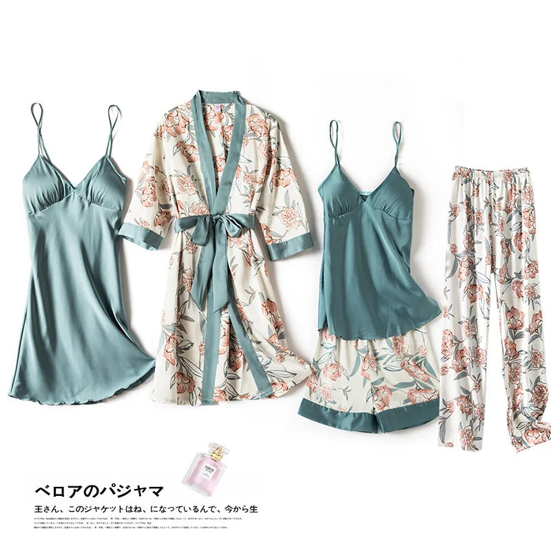4-Piece Satin Pajama Set with Chest Pads - Sexy V-Neck Sleepwear & Robe for Women