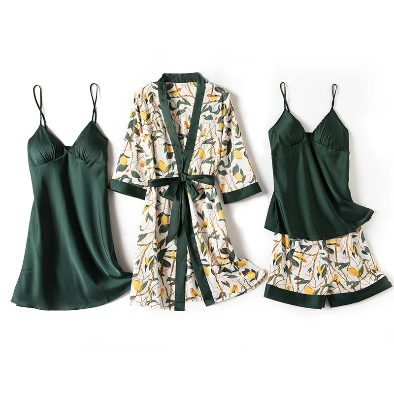4-Piece Satin Pajama Set with Chest Pads - Sexy V-Neck Sleepwear & Robe for Women