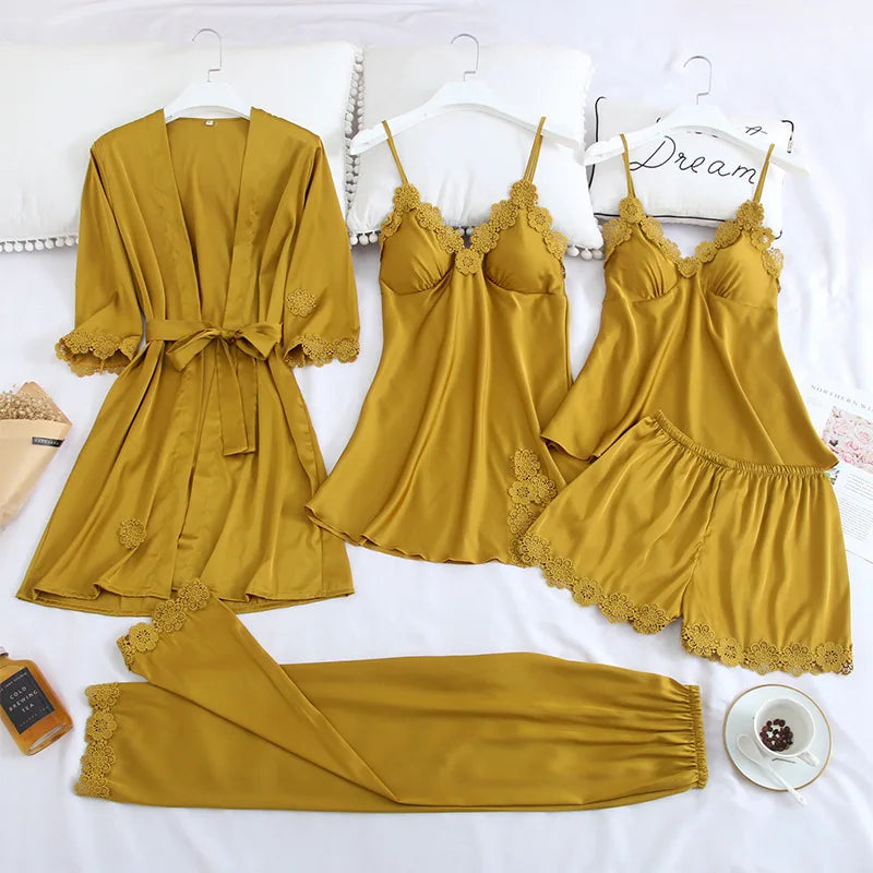 5-Piece Satin Embroidery Pajama Set with Chest Pads - Luxury Silk Sleepwear & Robe for Women