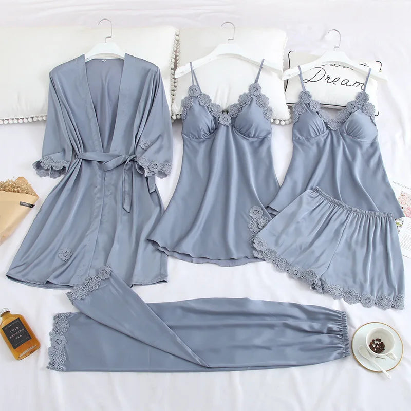 5-Piece Satin Embroidery Pajama Set with Chest Pads - Luxury Silk Sleepwear & Robe for Women