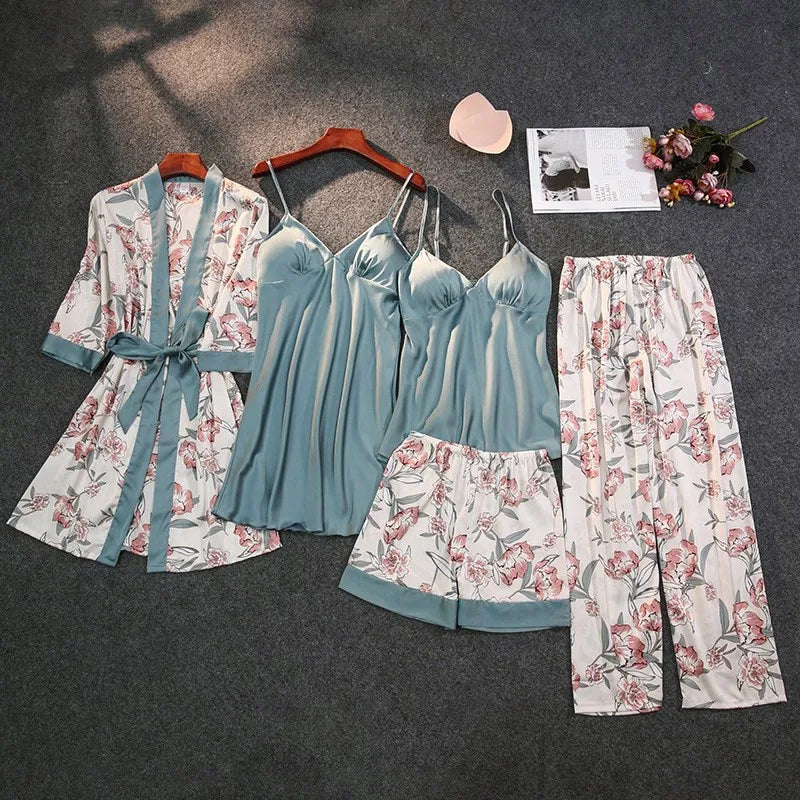 5-Piece Satin Print Pajama Set with Belt & Chest Pads - Luxury Lace Strap Nightwear for Women