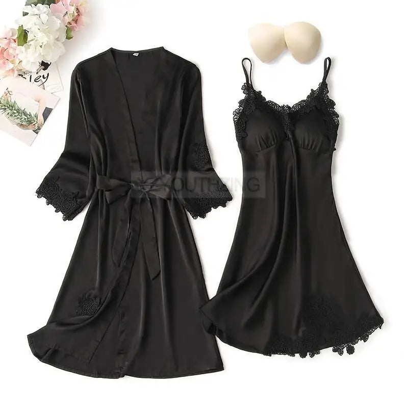 Lace Satin Suspender Pajama Set - Sexy Hollow Out Strap Top & Shorts Sleepwear