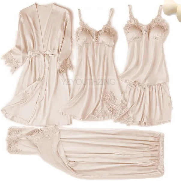Lace Satin Suspender Pajama Set - Sexy Hollow Out Strap Top & Shorts Sleepwear