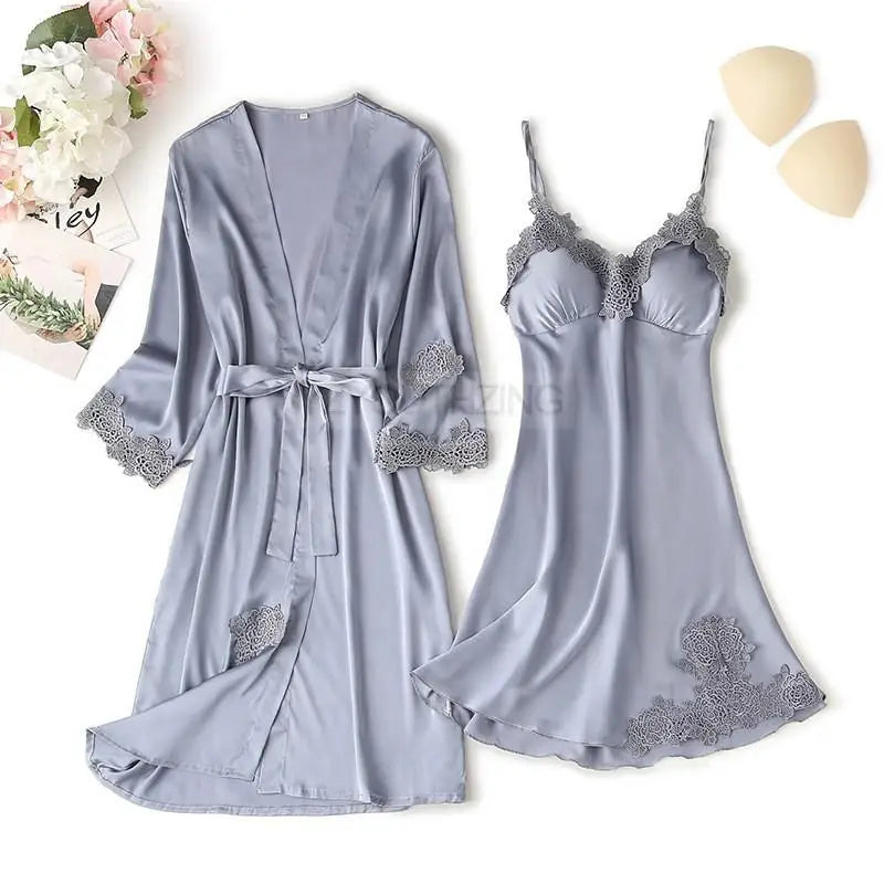 Lace Satin Suspender Pajama Set - Sexy Hollow Out Strap Top & Shorts Sleepwear