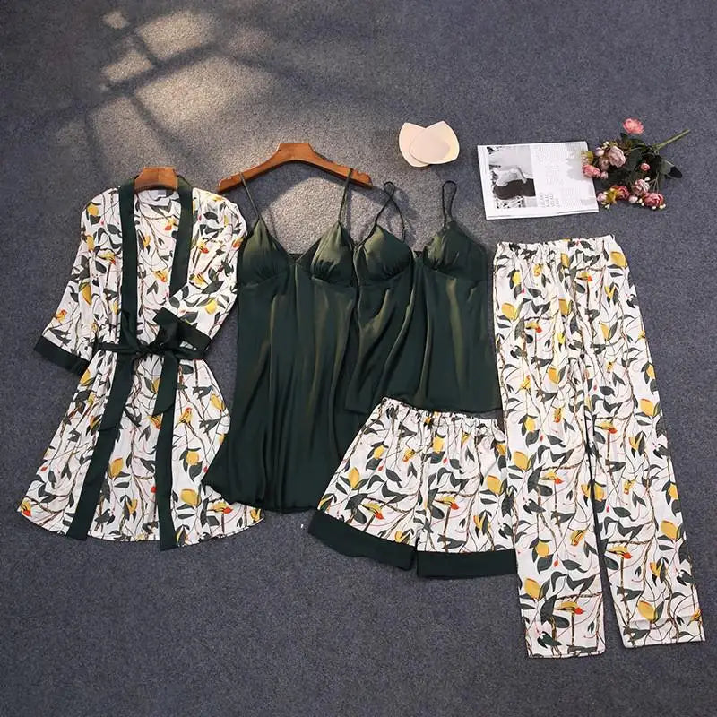 5-Piece Satin Print Pajama Set with Belt & Chest Pads - Luxury Lace Strap Nightwear for Women