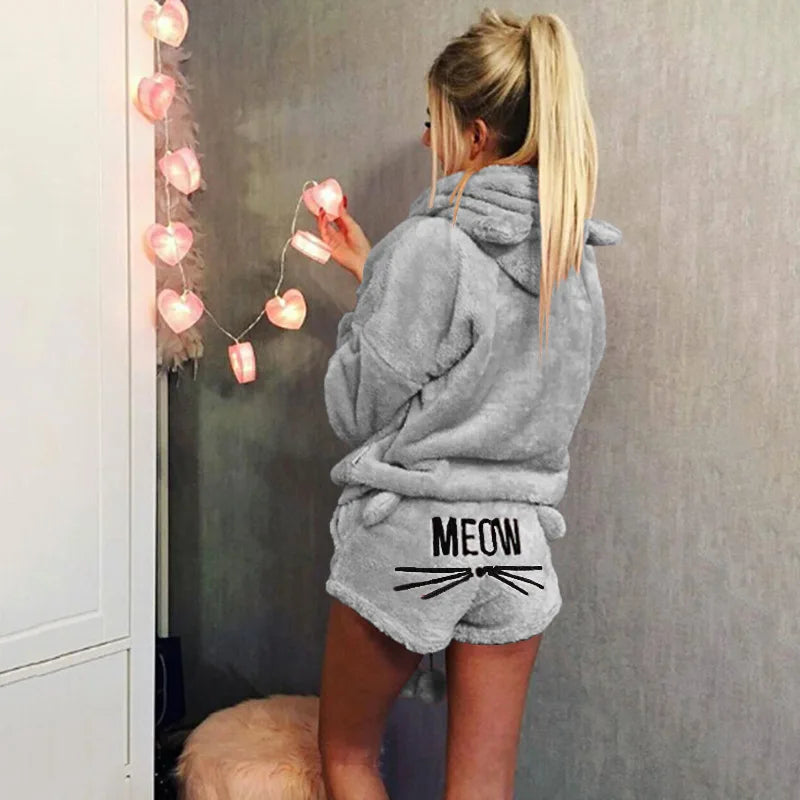 Fleece Hooded Pajama Set - Warm Thick Winter Sleepwear & Cat Print Homewear for Women