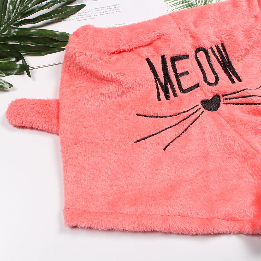 Fleece Hooded Pajama Set - Warm Thick Winter Sleepwear & Cat Print Homewear for Women