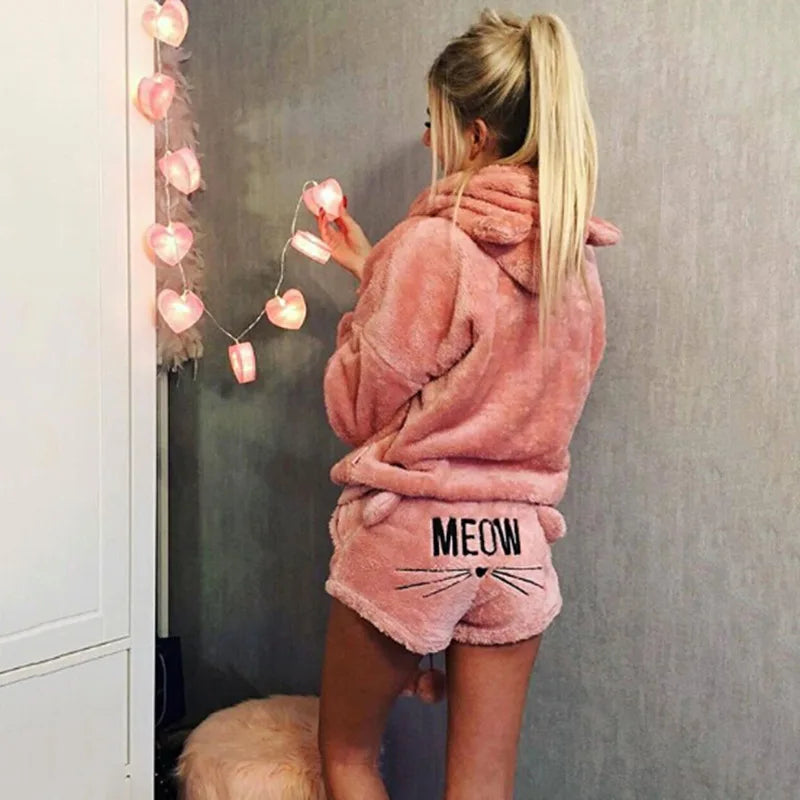 Fleece Hooded Pajama Set - Warm Thick Winter Sleepwear & Cat Print Homewear for Women