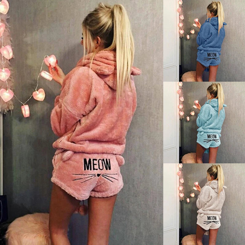 Fleece Hooded Pajama Set - Warm Thick Winter Sleepwear & Cat Print Homewear for Women