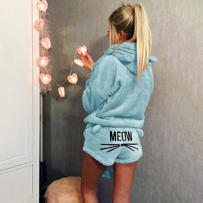 Fleece Hooded Pajama Set - Warm Thick Winter Sleepwear & Cat Print Homewear for Women