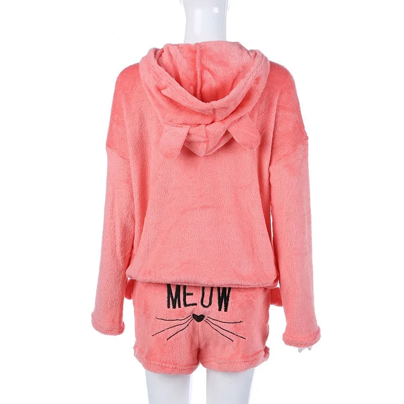 Fleece Hooded Pajama Set - Warm Thick Winter Sleepwear & Cat Print Homewear for Women