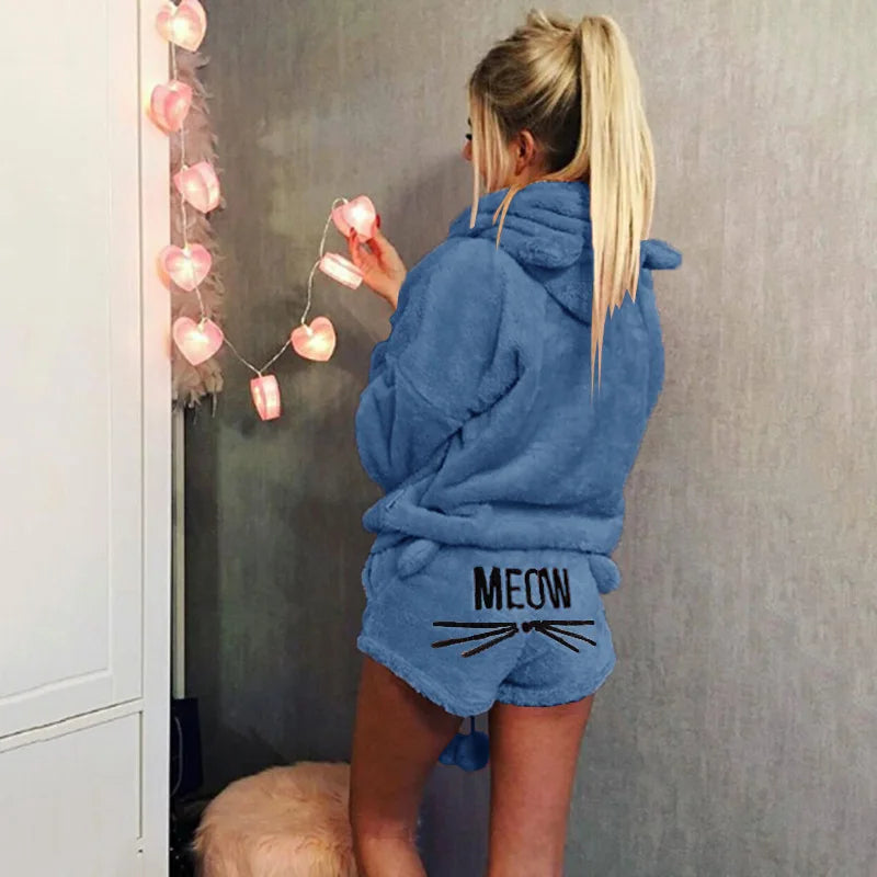 Fleece Hooded Pajama Set - Warm Thick Winter Sleepwear & Cat Print Homewear for Women