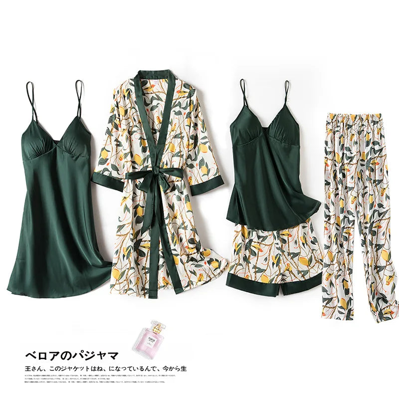 4-Piece Satin Pajama Set with Chest Pads - Sexy V-Neck Sleepwear & Robe for Women