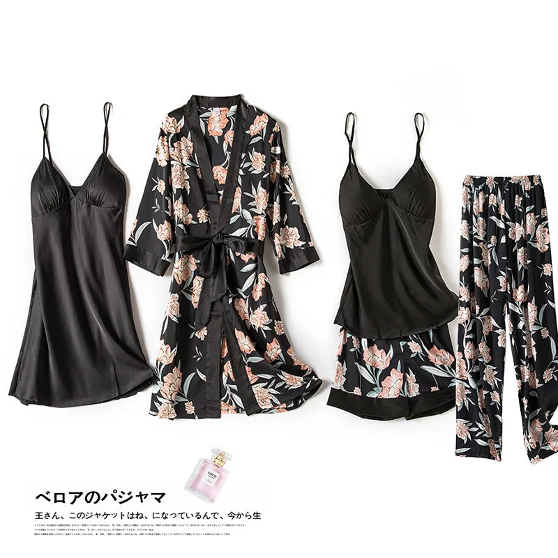 4-Piece Satin Pajama Set with Chest Pads - Sexy V-Neck Sleepwear & Robe for Women
