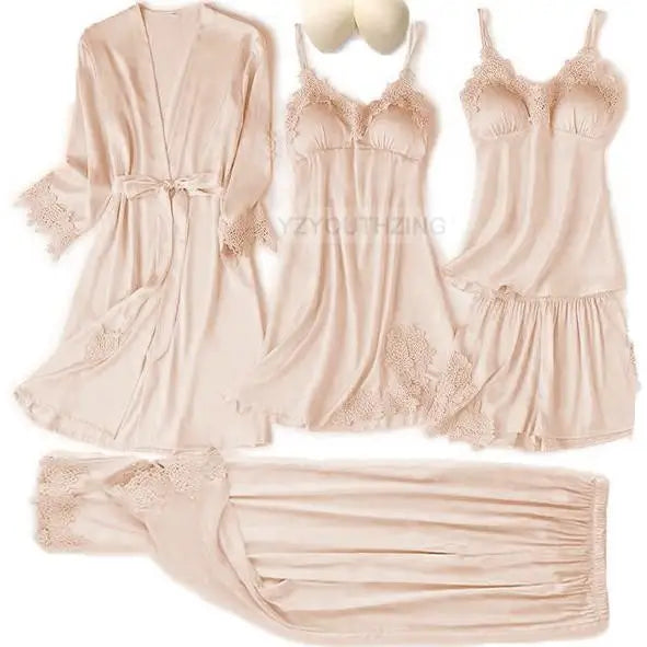 Lace Satin Suspender Pajama Set - Sexy Hollow Out Strap Top & Shorts Sleepwear