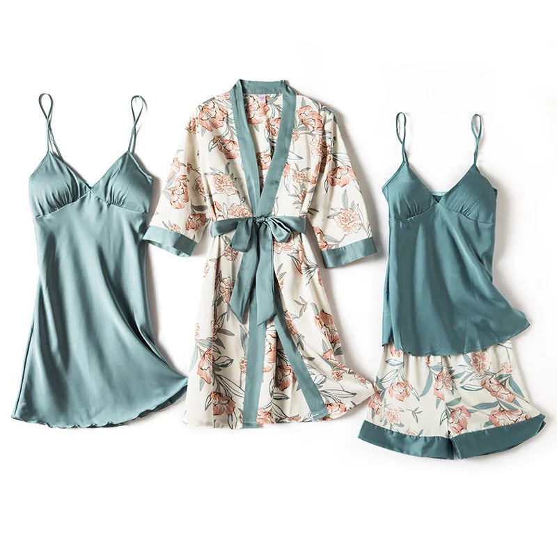 4-Piece Satin Pajama Set with Chest Pads - Sexy V-Neck Sleepwear & Robe for Women