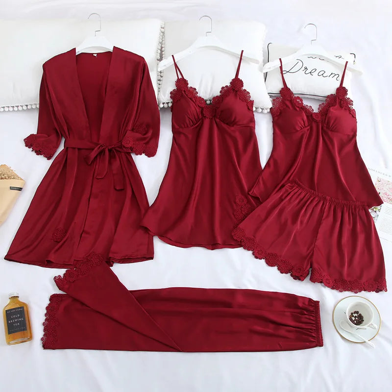 5-Piece Satin Embroidery Pajama Set with Chest Pads - Luxury Silk Sleepwear & Robe for Women