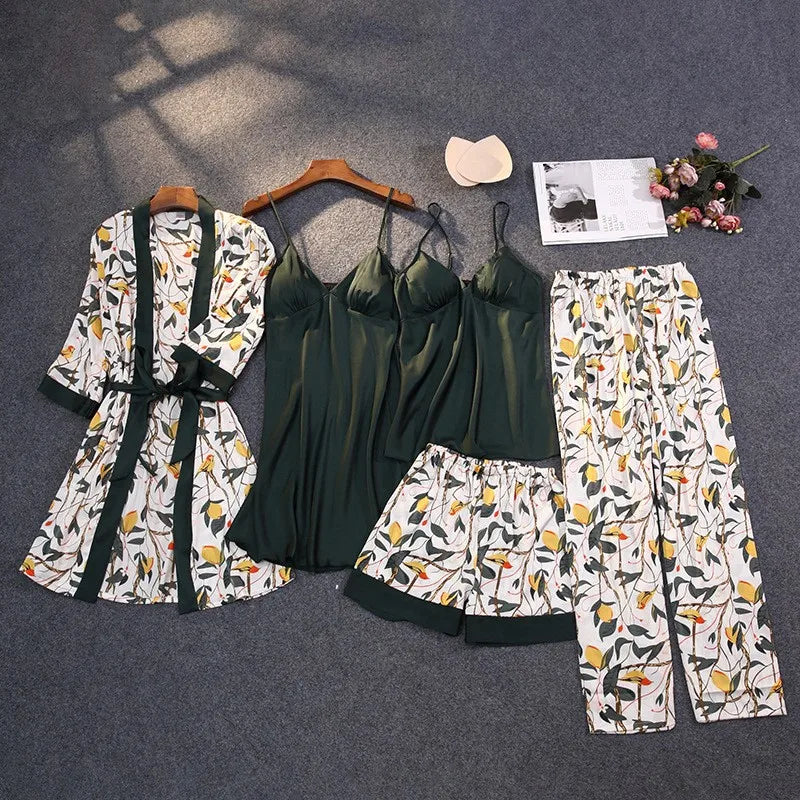 5-Piece Satin Print Pajama Set with Belt & Chest Pads - Luxury Lace Strap Nightwear for Women