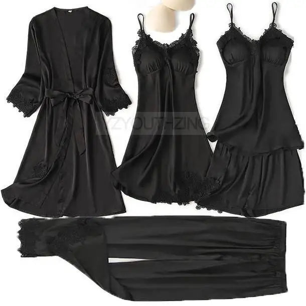 Lace Satin Suspender Pajama Set - Sexy Hollow Out Strap Top & Shorts Sleepwear