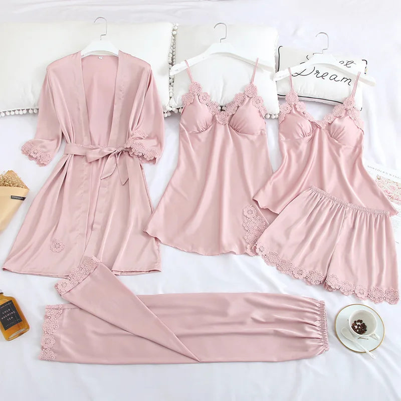 5-Piece Satin Embroidery Pajama Set with Chest Pads - Luxury Silk Sleepwear & Robe for Women
