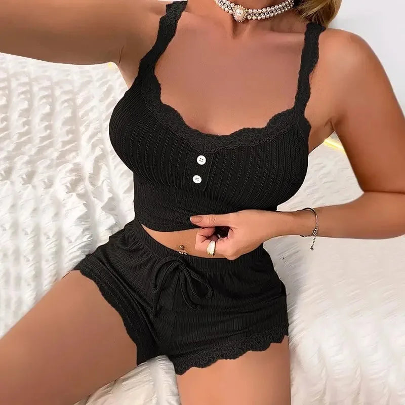 Satin Spaghetti Strap Pajama Set - Sexy Sleeveless Top & Trousers Loungewear for Women