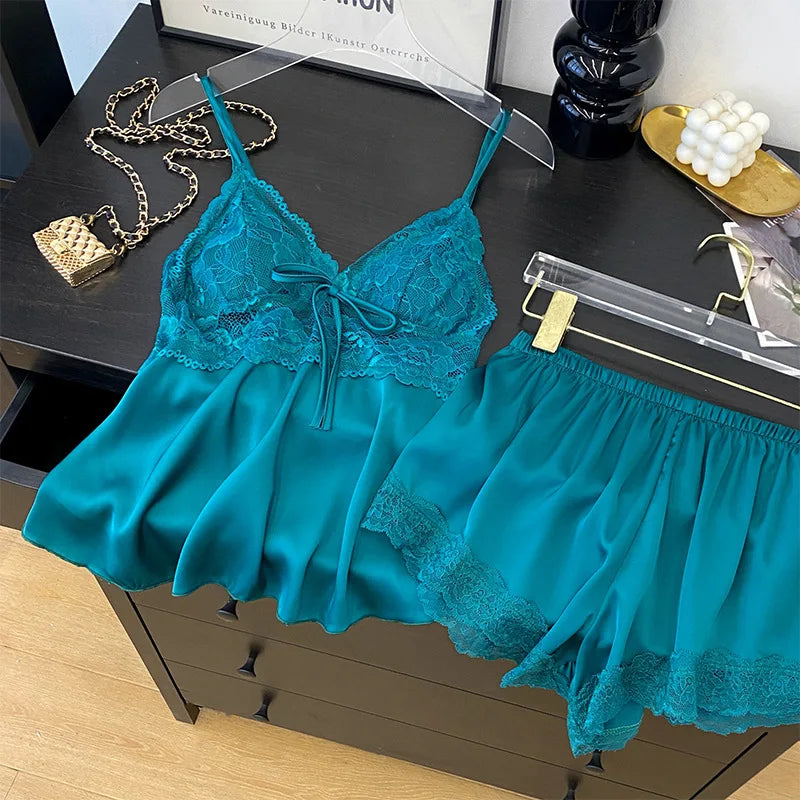 Lace Satin Suspender Pajama Set - Sexy Hollow Out Strap Top & Shorts Sleepwear