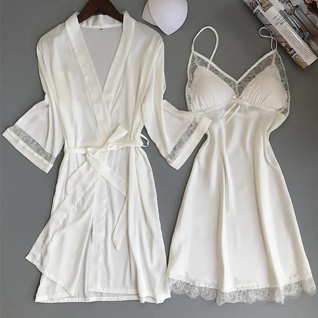 Lace & Satin Nightgown Two-Piece Pajama Set