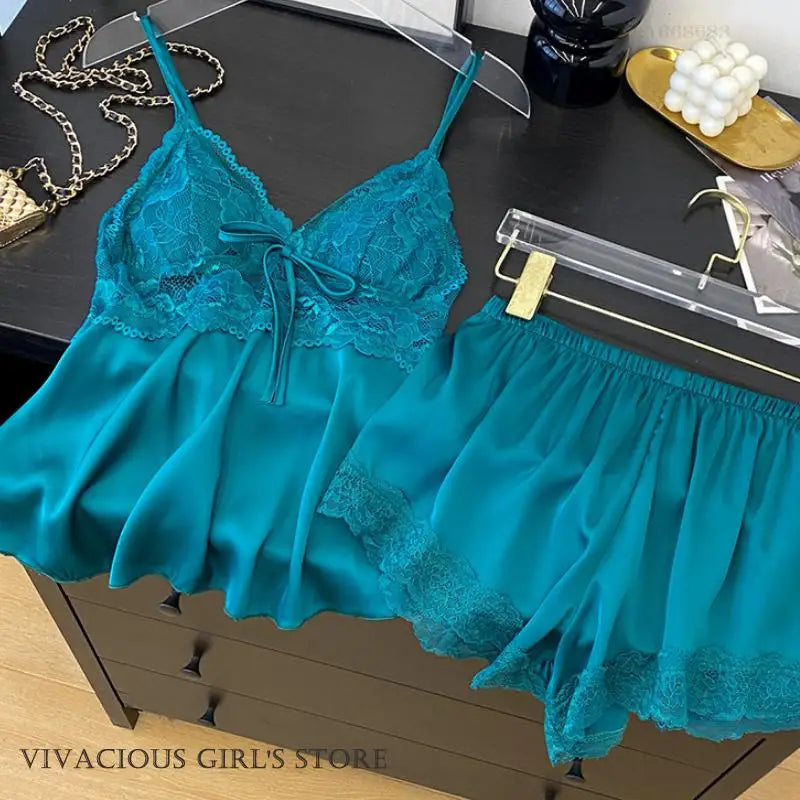 Lace Satin Suspender Pajama Set - Sexy Hollow Out Strap Top & Shorts Sleepwear