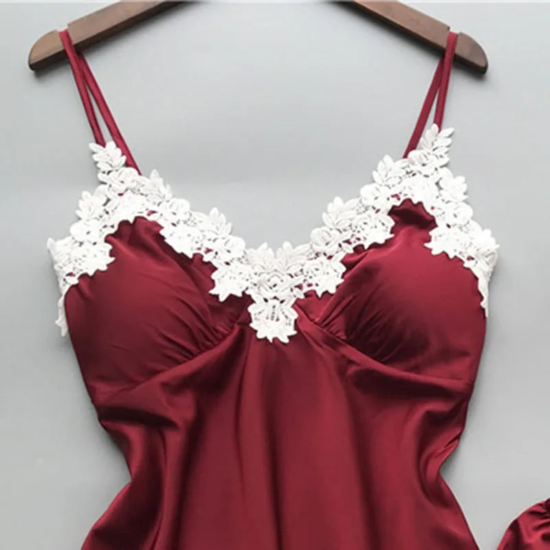 V-Neck Satin Camisole & Shorts Pajama Set - Sexy Lace Strap Sleepwear for Women