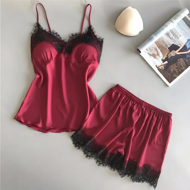 V-Neck Lace Silk Pajama Set - Sexy Spaghetti Strap Sleepwear & Shorts for Women