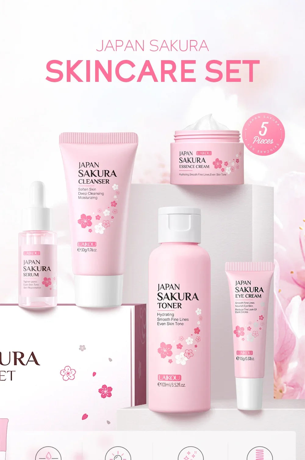 "LAIKOU Japanese Sakura 5-Piece Skincare Set - Anti-Aging Moisturizing Kit"