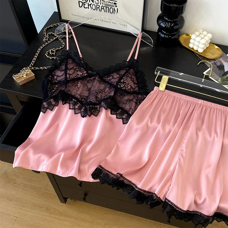 Lace Satin Suspender Pajama Set - Sexy Hollow Out Strap Top & Shorts Sleepwear