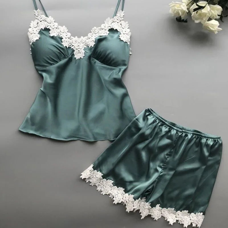 V-Neck Satin Camisole & Shorts Pajama Set - Sexy Lace Strap Sleepwear for Women