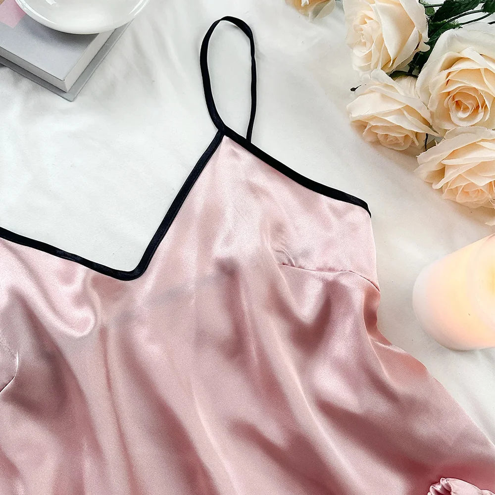Satin V-Neck Ruffled Pajama Set - Smooth Spaghetti Strap Top & Bow Shorts for Women