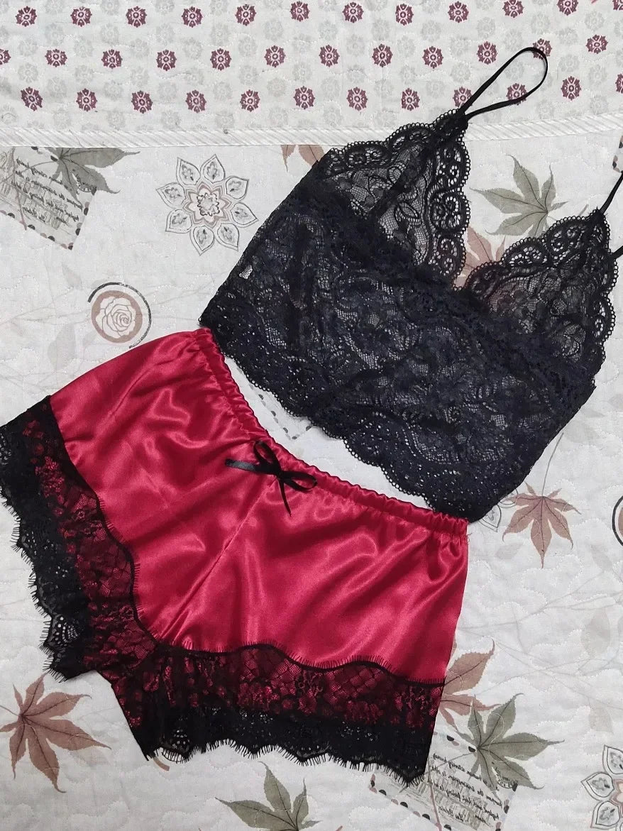 Lace Silk Crop Top & Shorts Pajama Set - Sexy Sleepwear Lingerie for Women