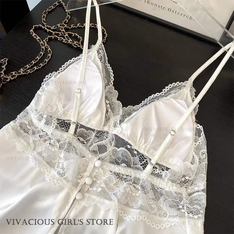 Lace Satin Suspender Pajama Set - Sexy Hollow Out Strap Top & Shorts Sleepwear