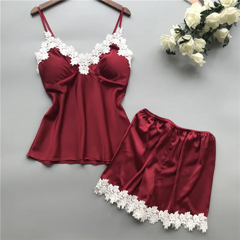 V-Neck Satin Camisole & Shorts Pajama Set - Sexy Lace Strap Sleepwear for Women