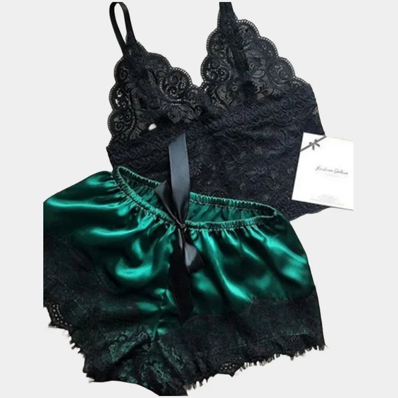 Lace Silk Crop Top & Shorts Pajama Set - Sexy Sleepwear Lingerie for Women