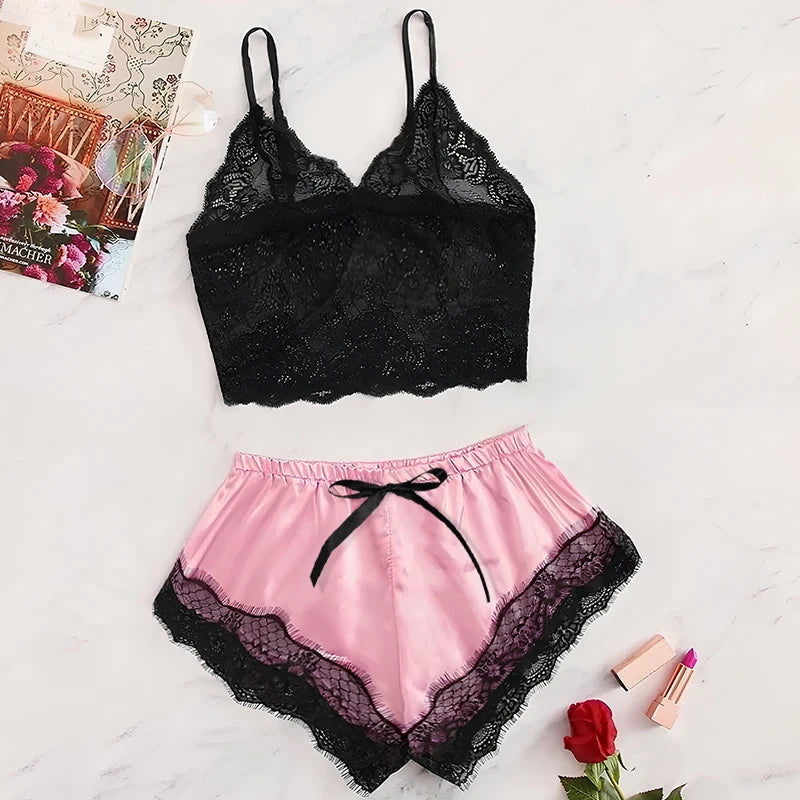 Satin Lace Cami Top & Shorts Pajama Set - Sexy Breathable Sleepwear for Women
