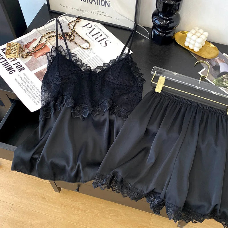 Lace Satin Suspender Pajama Set - Sexy Hollow Out Strap Top & Shorts Sleepwear