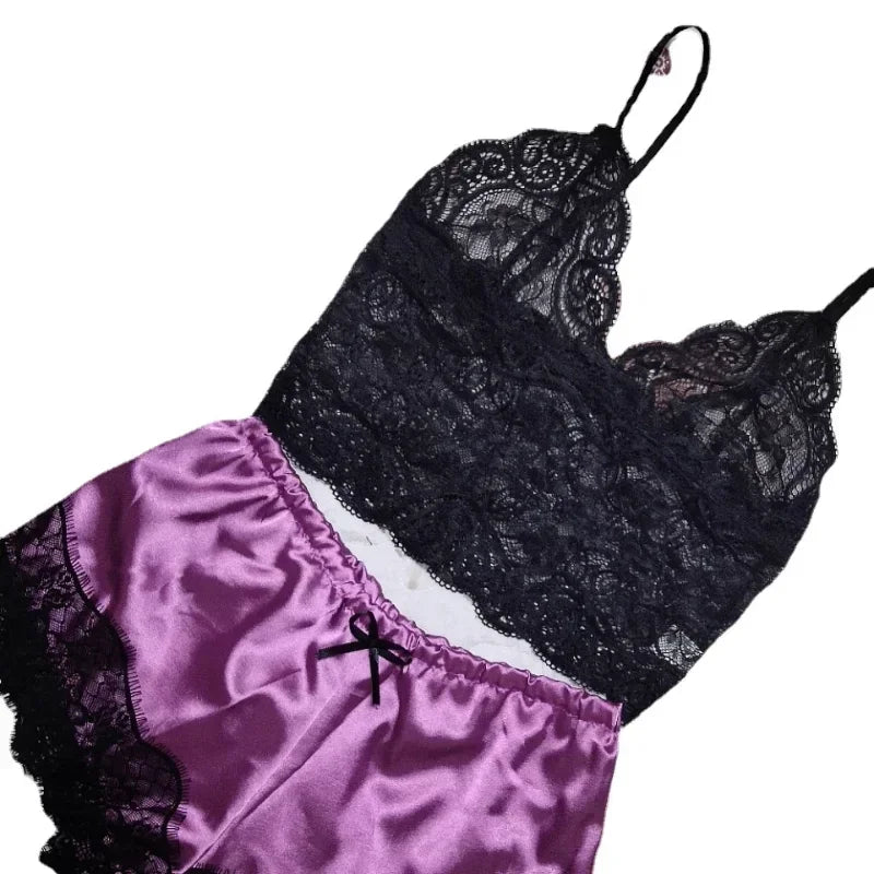 Lace Silk Crop Top & Shorts Pajama Set - Sexy Sleepwear Lingerie for Women