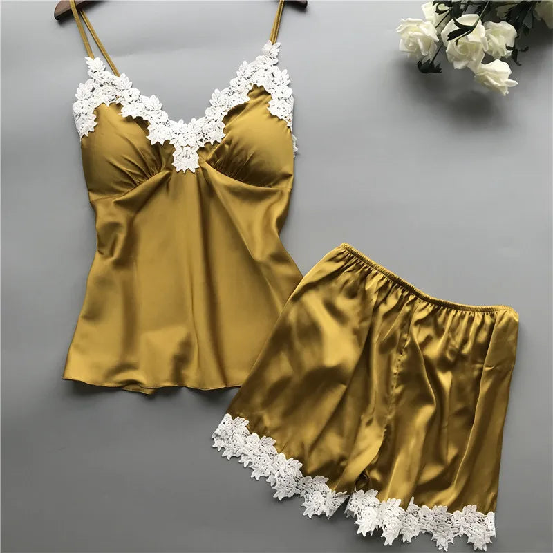 V-Neck Satin Camisole & Shorts Pajama Set - Sexy Lace Strap Sleepwear for Women