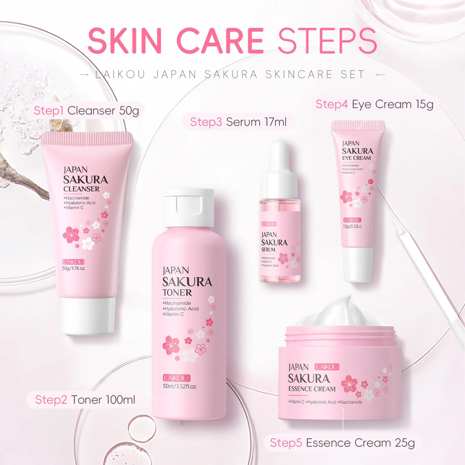 "LAIKOU Japanese Sakura 5-Piece Skincare Set - Anti-Aging Moisturizing Kit"