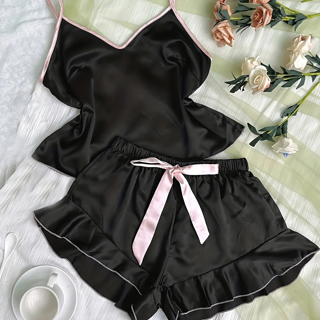 Satin V-Neck Ruffled Pajama Set - Smooth Spaghetti Strap Top & Bow Shorts for Women