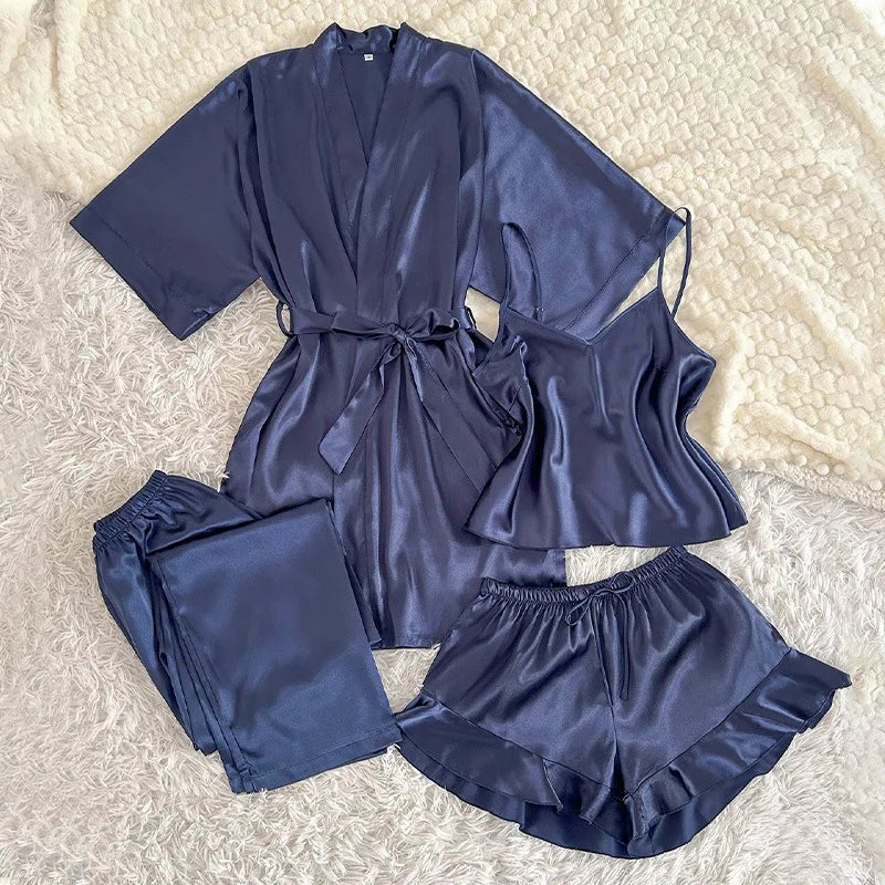 4-Piece Satin Kimono Robe Pajama Set - Silky Bathrobe & Trouser Suit Loungewear for Women