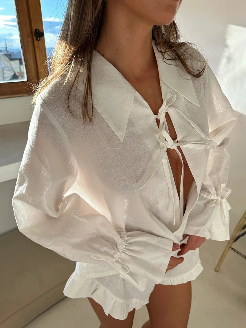 Cotton Long Sleeve Pajama Set - Turn-Down Collar Lace Up Sleepwear & Shorts for Women