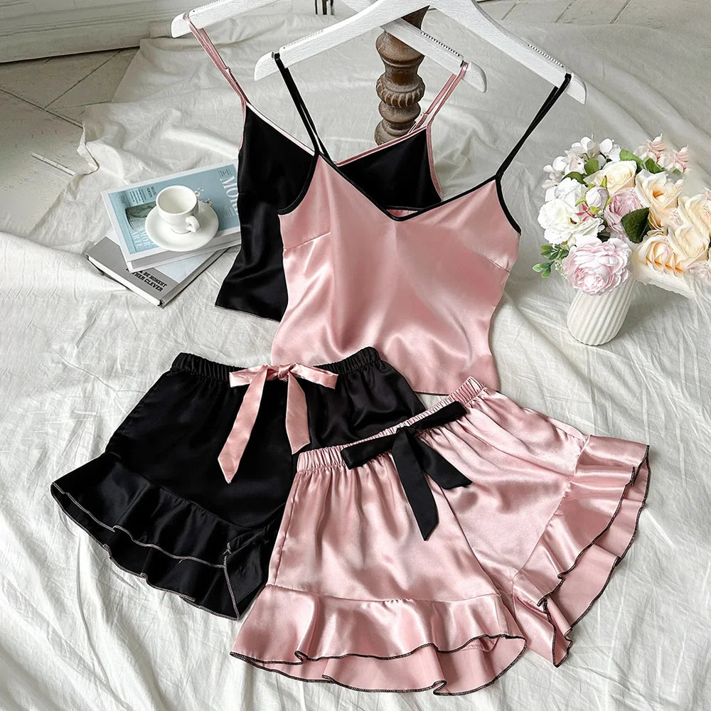 Satin V-Neck Ruffled Pajama Set - Smooth Spaghetti Strap Top & Bow Shorts for Women